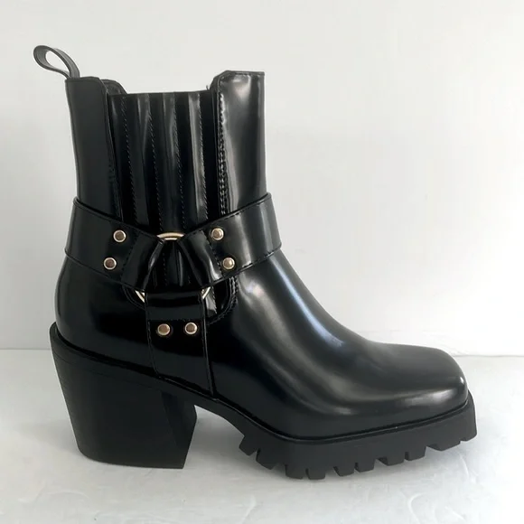 SHOE DAZZLE Black Ankle Boots Buckle Detail Lug Sole Moto Combat Shoes Size 9.5 - Picture 8 of 13